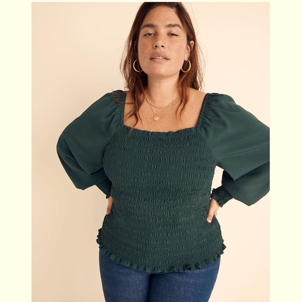 Madewell Plus Lucie Bubble-Sleeve Smocked Top Dark Palm Green Size 2X